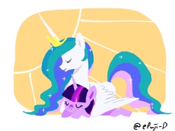 Size: 1200x900 | Tagged: safe, artist:efuji_d, imported from derpibooru, princess celestia, twilight sparkle, alicorn, pony, unicorn, momlestia, sleeping