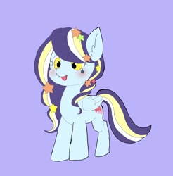 Size: 1008x1024 | Tagged: safe, artist:efuji_d, imported from derpibooru, oc, oc only, pegasus, pony, blushing, female, mare, open mouth, purple background, simple background, solo, stars, yellow eyes