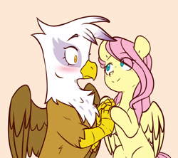 Size: 3340x2970 | Tagged: safe, artist:chub-wub, imported from derpibooru, fluttershy, gilda, griffon, pegasus, pony, blushing, eye clipping through hair, eyebrows, eyebrows visible through hair, female, frown, gildashy, high res, holding hooves, lesbian, looking at each other, mare, shipping, simple background, smiling, surprised