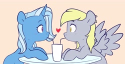 Size: 4096x2100 | Tagged: safe, artist:chub-wub, imported from derpibooru, derpy hooves, trixie, pegasus, pony, unicorn, female, food, heart, lesbian, looking at each other, mare, milkshake, sharing a drink, shipping, straw, table, tripy