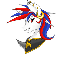 Size: 626x628 | Tagged: safe, artist:snowi, imported from derpibooru, oc, oc:snowi, pony, unicorn, armor, black armor, blue mane, bust, ear piercing, earring, female, gold, horn, horns, jewelry, mare, mutant, piercing, red eyes, red mane, sharp tooth, solo, white hair