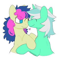 Size: 1801x1747 | Tagged: safe, artist:summersplash, imported from derpibooru, bon bon, lyra heartstrings, sweetie drops, earth pony, pony, unicorn, bipedal, boop, cute, eyes closed, female, hearth, hug, lesbian, lyrabon, mare, messy mane, noseboop, nuzzling, one eye closed, shipping, simple background, smiling, transparent background, wink