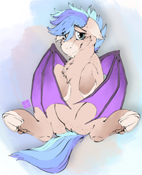 Size: 3000x3709 | Tagged: safe, artist:bloody--mascarade, imported from derpibooru, oc, oc only, oc:aristios, bat pony, pony, bat pony oc, bat wings, cheek fluff, chest fluff, chin fluff, cute, eye clipping through hair, eyebrows, eyebrows visible through hair, floppy ears, frog (hoof), high res, looking at you, lying down, male, nudity, on back, presenting, smiling, smiling at you, solo, spread legs, spread wings, spreading, underhoof, vulva, wings