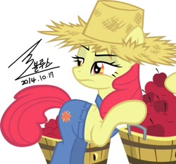 Size: 743x691 | Tagged: safe, artist:bluse, imported from derpibooru, apple bloom, earth pony, pony, apple, barrel, clothes, female, food, hat, mare, older, older apple bloom, overalls, signature, simple background, solo, vector, white background