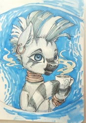 Size: 640x919 | Tagged: safe, artist:kovoranu, imported from derpibooru, zecora, pony, zebra, abstract background, bracelet, coffee, cup, ear fluff, ear piercing, earring, female, jewelry, mare, neck rings, piercing, solo, steam, traditional art