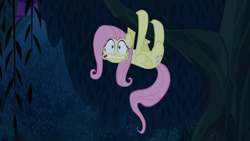 Size: 1280x720 | Tagged: safe, imported from derpibooru, screencap, fluttershy, pegasus, pony, 28 pranks later, season 6, behaving like a cat, behaving like a sloth, dark, female, mare, night, scared, solo, teeth, tree