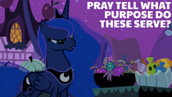 Size: 1280x720 | Tagged: safe, edit, edited screencap, editor:quoterific, imported from derpibooru, screencap, princess luna, alicorn, pony, luna eclipsed, season 2, candy, crown, female, food, jewelry, mare, night, open mouth, regalia, solo