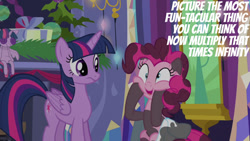 Size: 1280x720 | Tagged: safe, edit, edited screencap, editor:quoterific, imported from derpibooru, screencap, pinkie pie, twilight sparkle, alicorn, earth pony, pony, hearthbreakers, season 5, bag, doll, female, mare, open mouth, saddle bag, toy, twilight sparkle (alicorn), twilight's castle