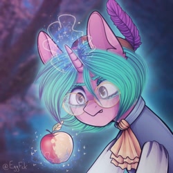 Size: 768x768 | Tagged: safe, artist:eggguy, imported from derpibooru, oc, oc only, oc:taishi, pony, unicorn, apple, clothes, commission, food, glasses, magic, magic aura, male, round glasses, solo, stallion, ych result