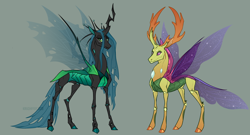 Size: 2500x1350 | Tagged: safe, artist:dementra369, imported from derpibooru, queen chrysalis, thorax, changedling, changeling, changeling queen, duo, female, green background, king thorax, male, realistic anatomy, simple background