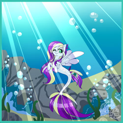 Size: 1280x1280 | Tagged: safe, artist:spoopypumpkinspice, edit, imported from derpibooru, oc, oc only, pegasus, pony, seapony (g4), bubble, crepuscular rays, dorsal fin, eyelashes, female, fish tail, flowing mane, flowing tail, green eyes, logo, logo edit, multicolored hair, ocean, one eye closed, rock, seaponified, seaweed, smiling, solo, species swap, sunlight, swimming, tail, underwater, water, wings