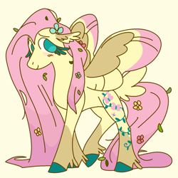 Size: 1200x1200 | Tagged: safe, artist:britebuck, imported from derpibooru, fluttershy, pegasus, pony, floppy ears, flower, flower in hair, redesign, smiling, solo
