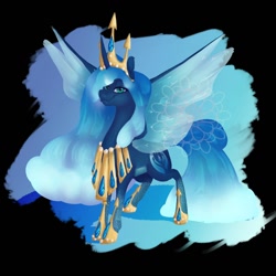 Size: 1280x1280 | Tagged: safe, artist:dojerodesigns, edit, imported from derpibooru, oc, oc only, alicorn, pony, blue eyes, blue mane, blue tail, crown, female, green eyes, hoof shoes, horn, jewelry, logo, logo edit, regalia, smiling, solo, spread wings, wings