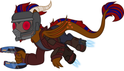 Size: 1280x731 | Tagged: safe, artist:mlp-trailgrazer, imported from derpibooru, oc, oc only, oc:jaywalk, dracony, dragon, hybrid, pony, clothes, cosplay, costume, magnet, male, simple background, solo, star lord, transparent background