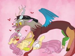 Size: 768x576 | Tagged: safe, artist:cocolove2176, imported from derpibooru, discord, fluttershy, draconequus, pony, blushing, blushing profusely, discoshy, female, hand on chest, heart, looking at each other, male, pink background, shipping, simple background, straight, tickling