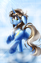 Size: 2200x3400 | Tagged: safe, artist:ktk's sky, imported from derpibooru, oc, oc only, oc:frozen flash, oc:冰闪, pony, unicorn, bathroom, butt, high res, looking back, male, plot, sexy, shower, solo, water