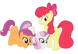 Size: 5119x3550 | Tagged: safe, artist:gmaplay, imported from derpibooru, apple bloom, scootaloo, sweetie belle, earth pony, pegasus, pony, unicorn, growing up is hard to do, absurd resolution, bloom butt, butt, cutie mark crusaders, face down ass up, female, grin, looking back, mare, older, older apple bloom, older cmc, older scootaloo, older sweetie belle, open mouth, open smile, plot, simple background, smiling, solo, transparent background, trio, trio female