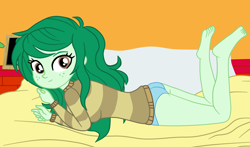 Size: 2210x1298 | Tagged: safe, artist:gmaplay, imported from derpibooru, wallflower blush, equestria girls, ass, barefoot, bed, blue underwear, butt, butt freckles, clothes, feet, freckles, laying on bed, lying, lying down, lying on bed, on bed, panties, solo, underwear, wallflower butt