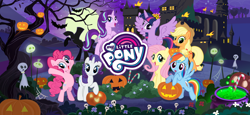 Size: 1666x768 | Tagged: safe, imported from derpibooru, applejack, fluttershy, pinkie pie, rainbow dash, rarity, spike, starlight glimmer, twilight sparkle, alicorn, earth pony, ghost, pegasus, pony, undead, unicorn, applejack's hat, bipedal, candy, candy cane, cauldron, cowboy hat, female, food, gameloft, halloween, hat, holiday, jack-o-lantern, loading screen, mane seven, mane six, mare, my little pony logo, night, nightmare night, official, pumpkin, tree, twilight sparkle (alicorn), video game