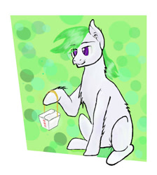 Size: 561x627 | Tagged: safe, artist:firebird145, imported from derpibooru, oc, oc only, earth pony, pony, abstract background, box, chest fluff, earth pony oc, food, hoof hold, sitting, smiling, solo