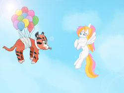 Size: 800x600 | Tagged: safe, artist:firebird145, imported from derpibooru, pinkie pie, oc, big cat, pegasus, pony, tiger, :p, balloon, duo, female, floating, furry, furry oc, mare, pegasus oc, then watch her balloons lift her up to the sky, tongue out, wings