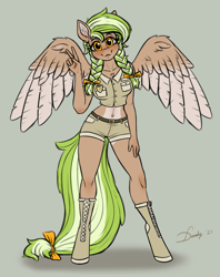 Size: 1965x2480 | Tagged: safe, alternate version, artist:dandy, derpibooru exclusive, imported from derpibooru, oc, oc only, oc:sylvia evergreen, anthro, pegasus, unguligrade anthro, anthro oc, belly button, blushing, boots, bow, braided pigtails, breasts, clothes, colored, female, flat colors, freckles, gray background, hair bow, heart, high res, looking at you, pale belly, park ranger, peace sign, pegasus oc, shoes, short shirt, shorts, signature, simple background, solo, solo female, two toned mane, two toned tail, uniform, wingding eyes, wings