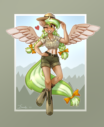 Size: 2232x2728 | Tagged: safe, artist:dandy, imported from derpibooru, oc, oc only, oc:sylvia evergreen, anthro, pegasus, unguligrade anthro, anthro oc, belly button, blushing, boots, bow, braided pigtails, breasts, clothes, female, freckles, hair bow, hand on hip, hat, heart, heart eyes, high res, looking at you, one eye closed, pale belly, park ranger, pegasus oc, shoes, short shirt, shorts, smiling, smiling at you, solo, solo female, uniform, wingding eyes, wings, wink, winking at you