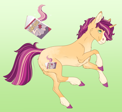 Size: 2570x2340 | Tagged: safe, artist:bluet0ast, imported from derpibooru, oc, oc only, pony, unicorn, book, colored hooves, gradient background, high res, horn, magical lesbian spawn, male, offspring, parent:applejack, parent:twilight sparkle, parents:twijack, solo, stallion, unicorn oc
