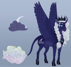 Size: 2880x2700 | Tagged: safe, artist:bluet0ast, imported from derpibooru, oc, oc only, alicorn, pony, alicorn oc, braid, cloud, crescent moon, curved horn, high res, hoof shoes, horn, jewelry, leonine tail, magical lesbian spawn, moon, offspring, one eye closed, parent:princess luna, parent:rainbow dash, parents:lunadash, peytral, scar, sombra eyes, tiara, wings, wink