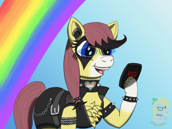 Size: 1600x1200 | Tagged: safe, artist:gray star, derpibooru exclusive, imported from derpibooru, oc, oc:sunny side(gray star), earth pony, black metal, cellphone, chains, choker, clothes, female, glasses, happy, metal, phone, rainbow, shorts, smartphone, spiked choker, spikes, trans female, transgender, vest