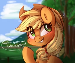 Size: 2048x1716 | Tagged: safe, artist:sakukitty, imported from derpibooru, imported from ponybooru, applejack, earth pony, pony, blushing, bronybait, bust, cute, dialogue, eye clipping through hair, female, jackabetes, mare, plewds, smiling, solo, speech bubble, sweat, sweet apple acres, talking to viewer