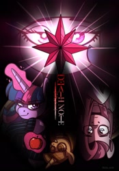 Size: 1423x2048 | Tagged: safe, artist:lrusu, imported from derpibooru, pinkie pie, princess celestia, twilight sparkle, apple, crossover, death note, food, magic, telekinesis