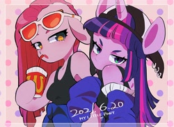 Size: 2748x2000 | Tagged: safe, artist:potetecyu_to, imported from derpibooru, pinkie pie, twilight sparkle, anthro, earth pony, unicorn, arm hooves, backwards ballcap, baseball cap, cap, clothes, drink, female, hat, high res, jacket, looking at you, sunglasses, tanktop, tomboy