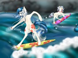 Size: 2362x1771 | Tagged: safe, artist:byemyfriends, artist:schokocream, imported from derpibooru, oc, oc only, earth pony, pony, bipedal, duo, earth pony oc, female, mare, outdoors, surfboard, surfing