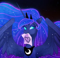 Size: 2048x1979 | Tagged: safe, artist:opalacorn, imported from derpibooru, princess luna, alicorn, pony, colored pupils, crown, ear fluff, heart eyes, jewelry, mouth hold, night, paper, peytral, regalia, solo, spread wings, stars, wingding eyes, wings