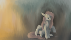 Size: 1024x576 | Tagged: safe, artist:bluefeathercat, imported from derpibooru, fluttershy, pegasus, pony, abstract background, female, looking away, looking down, mare, sitting, solo, spread wings, three quarter view, tired, wings, wings down