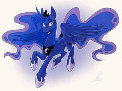 Size: 1600x1193 | Tagged: safe, artist:freckledbastard, imported from derpibooru, princess luna, alicorn, pony, colored, curved horn, female, gradient background, horn, mare, open mouth, smiling, solo