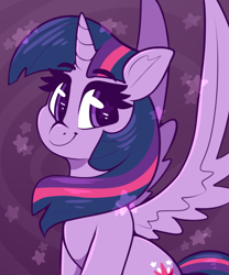 Size: 1233x1479 | Tagged: safe, artist:graphene, imported from derpibooru, twilight sparkle, alicorn, pony, :t, abstract background, beautiful, cute, female, looking at you, mare, sitting, smiling, smiling at you, solo, spread wings, starry eyes, twiabetes, twilight sparkle (alicorn), wingding eyes, wings