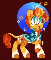 Size: 1031x1200 | Tagged: safe, artist:cocopudu, imported from derpibooru, sunburst, pony, unicorn, :o, alternate design, bag, blaze (coat marking), cloven hooves, coat markings, curved horn, facial markings, horn, leonine tail, magic, male, open mouth, raised hoof, saddle bag, socks (coat markings), solo, stallion, white pupils