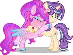 Size: 1280x960 | Tagged: safe, artist:katelynleeann42, artist:star-gaze-pony, imported from derpibooru, oc, oc only, oc:starflight sparkle, oc:starswirl, alicorn, pony, unicorn, bipedal, duo, duo female, eyes closed, female, hug, mare, one eye closed, simple background, transparent background