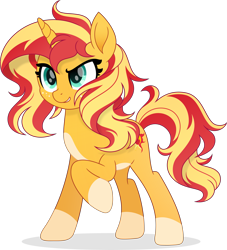 Size: 4409x4848 | Tagged: safe, artist:inaactive, artist:pumpkinpieforlife, imported from derpibooru, sunset shimmer, pony, unicorn, absurd resolution, alternate design, coat markings, freckles, messy mane, pale belly, peppered bacon, raised hoof, simple background, socks (coat markings), solo, transparent background, vector