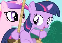 Size: 739x517 | Tagged: safe, imported from derpibooru, screencap, princess cadance, twilight sparkle, pony, unicorn, a canterlot wedding, season 2, cropped, female, filly, filly twilight sparkle, smiling, solo focus, swing, teen princess cadance, younger