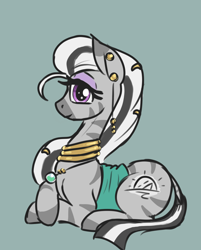 Size: 1652x2050 | Tagged: safe, artist:t72b, imported from derpibooru, oc, oc only, oc:matriarch zeg'us, pony, zebra, bust, ear piercing, earring, female, jewelry, looking at you, lying down, mare, neck rings, necklace, piercing, portrait, prone, simple background, smiling, solo, zebra oc