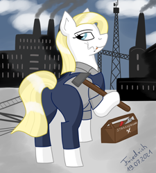 Size: 900x1000 | Tagged: safe, artist:friedrich911, imported from derpibooru, oc, oc only, earth pony, pony, blonde, blue eyes, cigarette, clothes, female, hammer, industrial, looking back, mare, smoking, solo, toolbox, white, worker