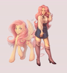 Size: 4313x4706 | Tagged: safe, artist:samsa0, imported from derpibooru, fluttershy, human, pegasus, pony, equestria girls, blouse, clothes, denim skirt, female, human ponidox, humanized, kneesocks, mare, pink background, self ponidox, shoes, signature, simple background, skirt, smiling, socks