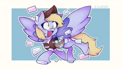 Size: 1948x1096 | Tagged: safe, artist:juniibugart, imported from derpibooru, derpy hooves, pegasus, pony, bag, cute, derpabetes, ear fluff, letter, mailmare, open mouth, saddle bag, solo, spread wings, unshorn fetlocks, wings