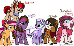 Size: 800x498 | Tagged: safe, artist:shiibases, artist:skyrimbetches, artist:twiily-bases, imported from derpibooru, oc, oc:api apple, oc:blue amethyst, oc:chocolate cherry, oc:honey bee, oc:red hot, oc:twinkle shine, draconequus, dracony, dragon, earth pony, hybrid, pegasus, pony, unicorn, base used, draconequus oc, interspecies offspring, offspring, parent:applejack, parent:big macintosh, parent:cheese sandwich, parent:discord, parent:dumbbell, parent:fluttershy, parent:pinkie pie, parent:rainbow dash, parent:rarity, parent:spike, parent:trouble shoes, parent:troubleshoes clyde, parent:twilight sparkle, parents:cheeselight, parents:discopie, parents:dumbdash, parents:fluttermac, parents:sparity, parents:troublejack, simple background, white background