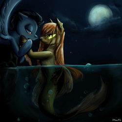 Size: 2000x2000 | Tagged: safe, artist:maexis, imported from derpibooru, oc, oc only, hybrid, merpony, pegasus, pony, seapony (g4), bubble, cloud, dorsal fin, female, fins, fish tail, flowing tail, looking at each other, male, moon, night, red eyes, signature, sky, slit eyes, spread wings, stallion, tail, water, wings, yellow eyes