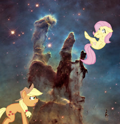 Size: 828x855 | Tagged: safe, artist:benpictures1, imported from ponybooru, applejack, fluttershy, earth pony, pegasus, applejack is not amused, cute, ears, floppy ears, pillars of creation, shocked expression, shyabetes, unamused