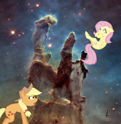 Size: 828x851 | Tagged: safe, artist:benpictures1, imported from ponybooru, applejack, fluttershy, applejack is not amused, cute, ears, floppy ears, pillars of creation, shocked expression, shyabetes, unamused